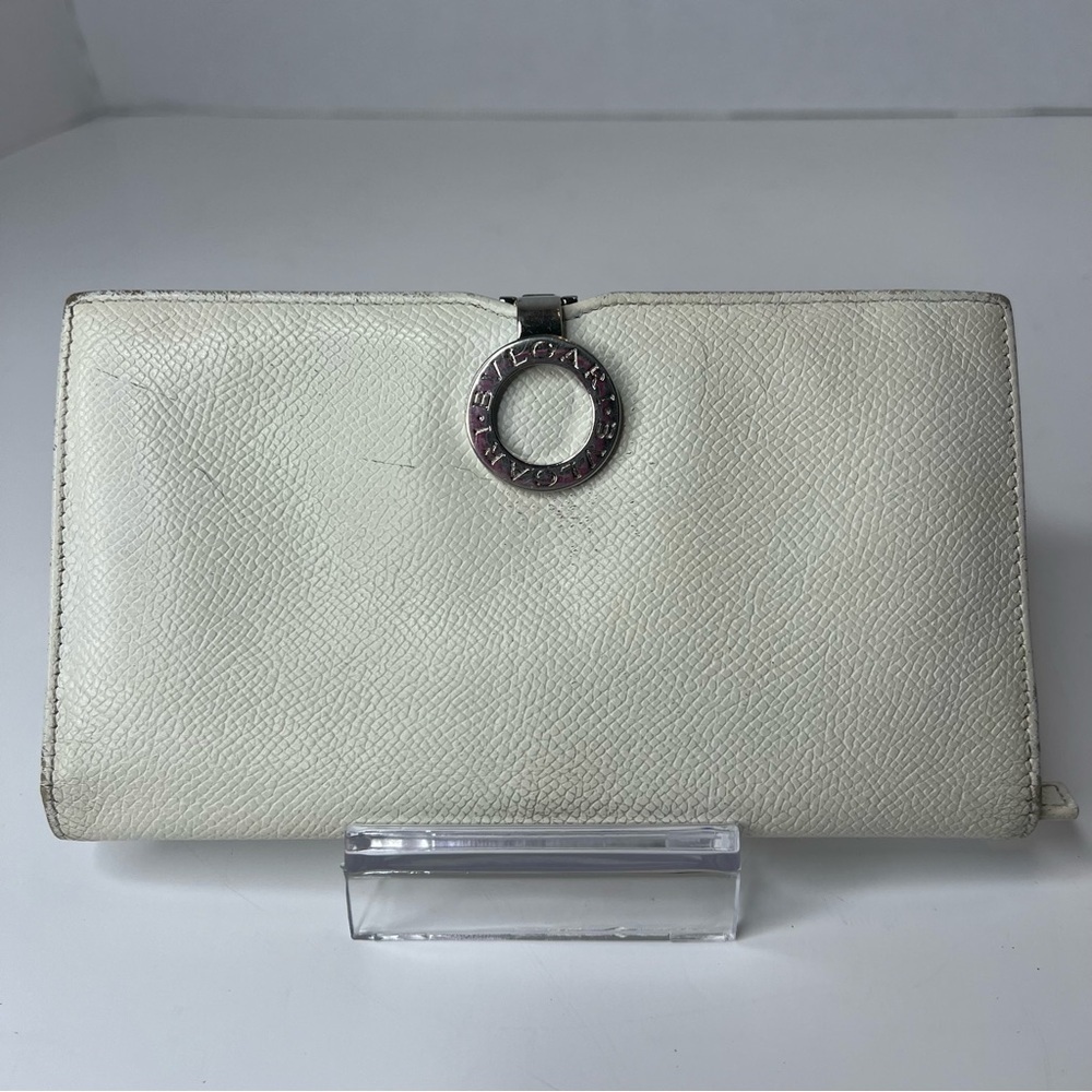 💜BVLGARI‎ BVLGARI Nappa LEATHER Bifold Long WHITE Silver Clip Accent WALLET💜